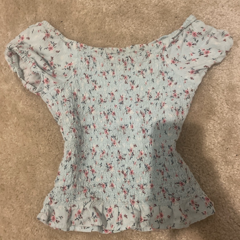 Art Class Light Blue Floral Off-Shoulder Blouse
